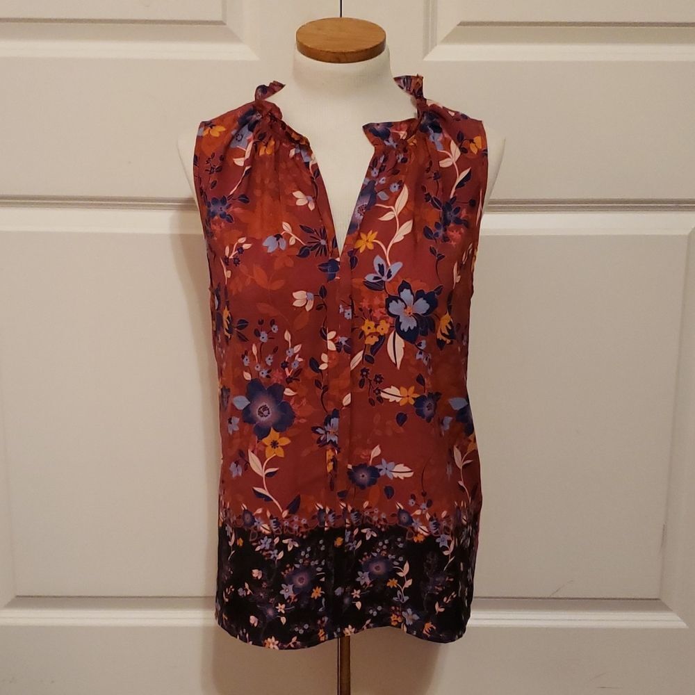Market & Spruce Womens Floral Mixed Media Ruffle‎ Neck Tank Top Burgundy Medium
